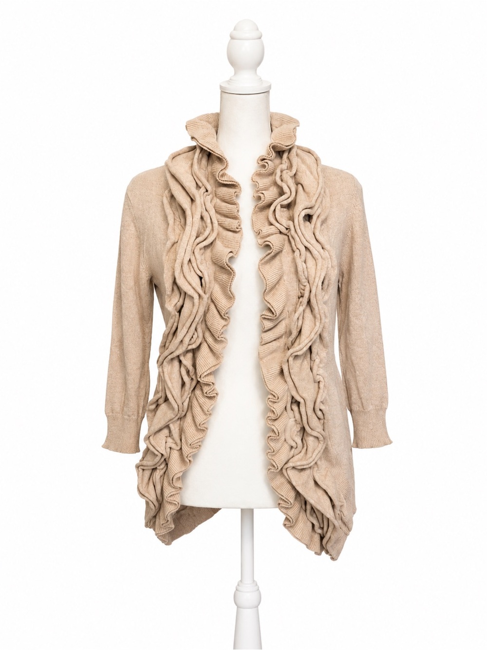 Romeo & Juliet Couture Beige Ruffle-Trim Open Cardigan